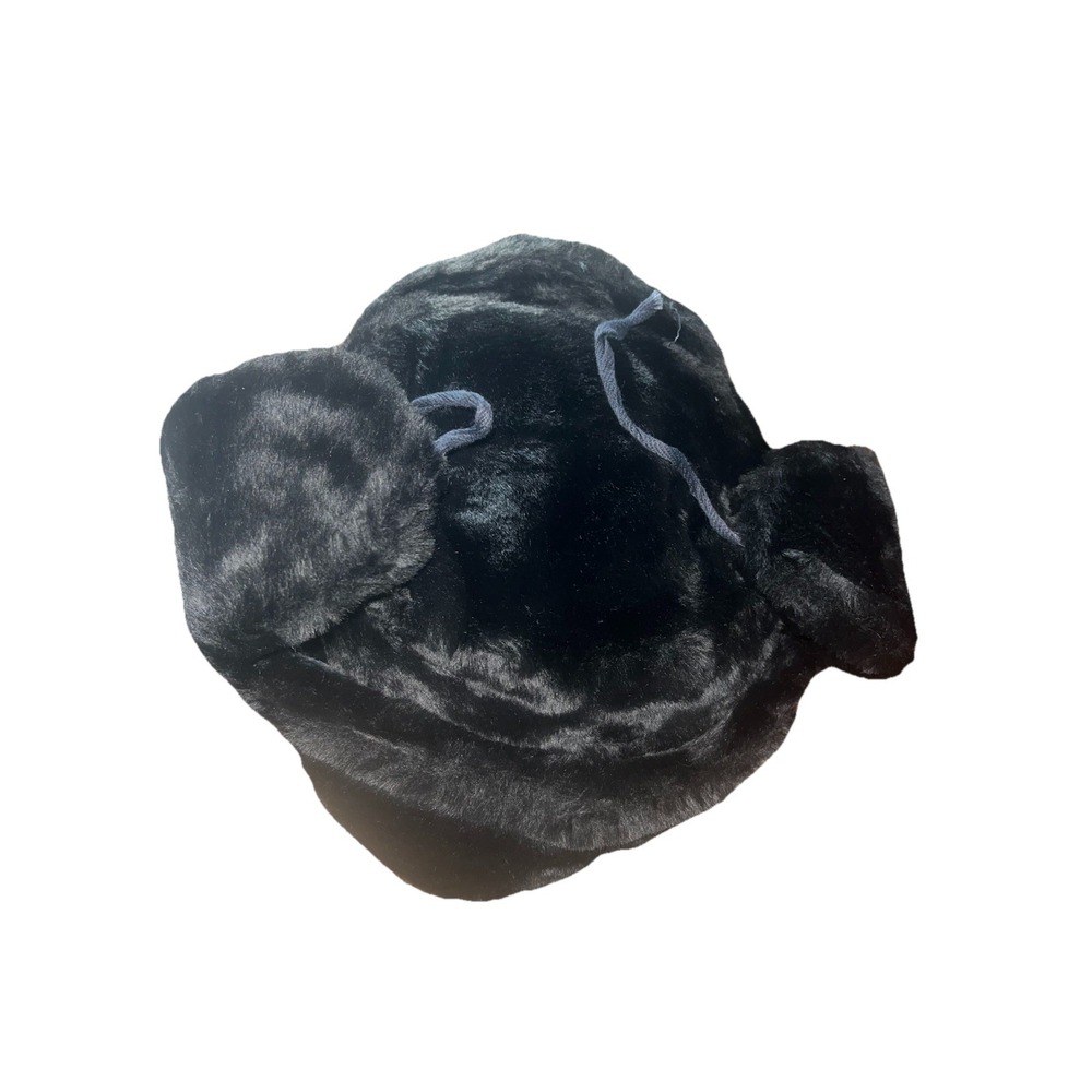 Vintage Women's Faux Fur Black Hat With‎ Ear Muffs Ties